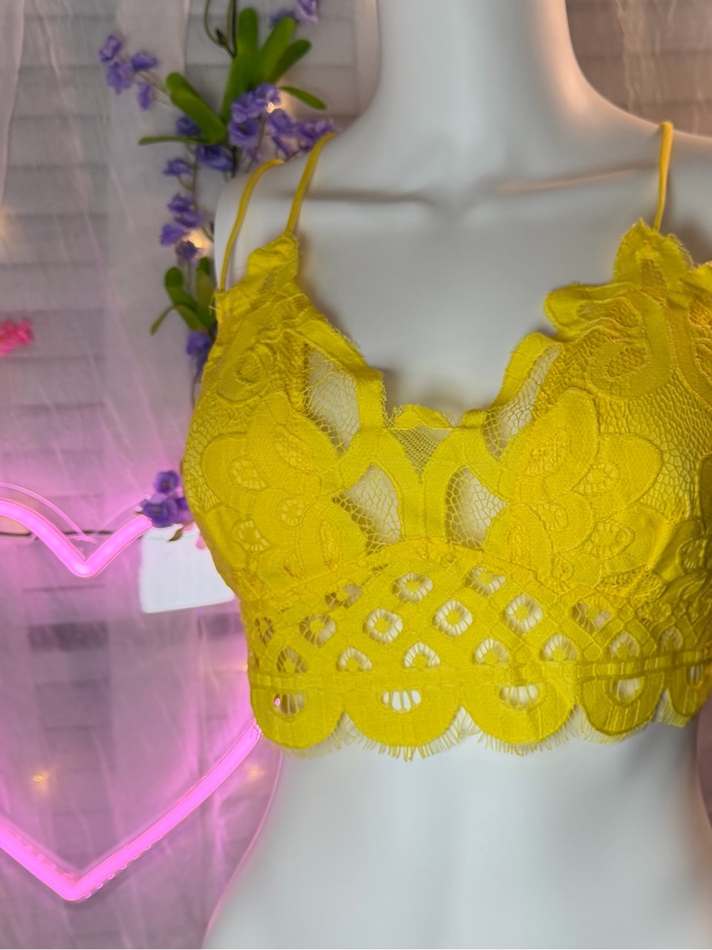 Yellow Lace Bralette - Delicate Floral Lace Crop Bra (new in bag)